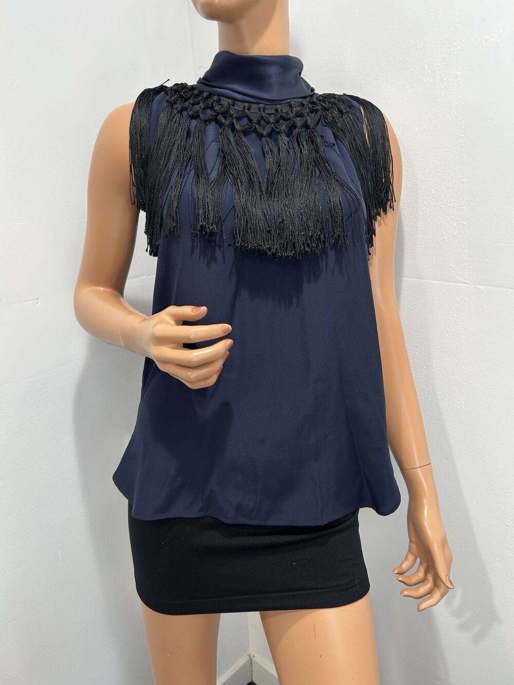 Altuzarra top Medium Silk Navy Satin With Black Fringe Sleeveless High neck